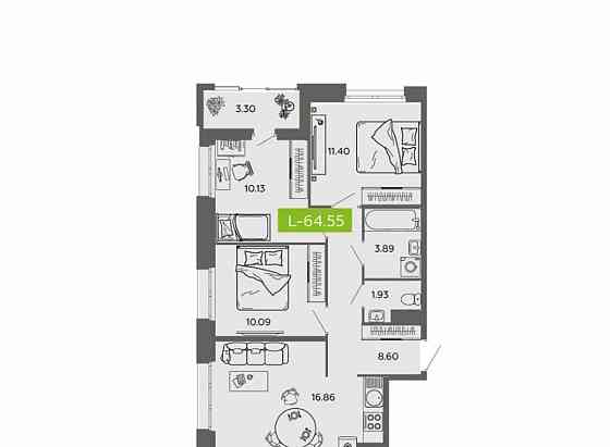 3-комн. квартира, 64.55 м2, 2/16 эт. Архангельск