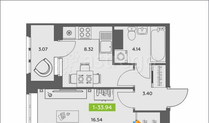 1-комн. квартира, 33.94 м2, 10/16 эт. Архангельск - изображение 2