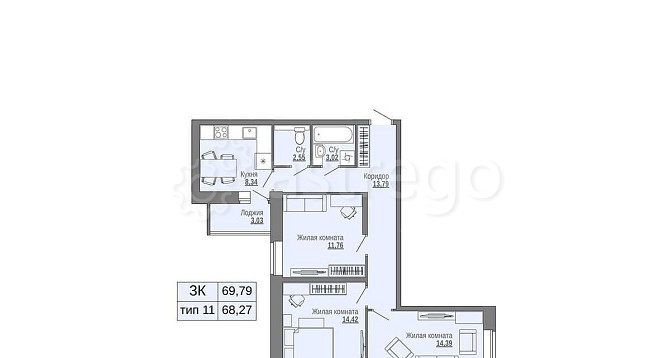 3-комн. квартира, 69.79 м2, 2/16 эт. Архангельск - изображение 1