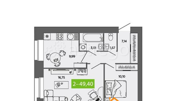 2-комн. квартира, 49.4 м2, 8/8 эт. Северодвинск - изображение 1