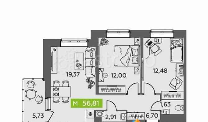 2-комн. квартира, 56.81 м2, 9/9 эт. Северодвинск - изображение 1