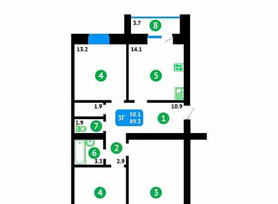 3-комн. квартира, 89.3 м2, 3/4 эт. Котлас