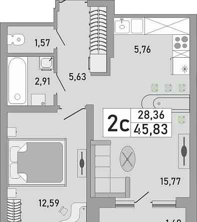 2-комн. квартира, 45.83 м2, 18/24 эт. Уфа