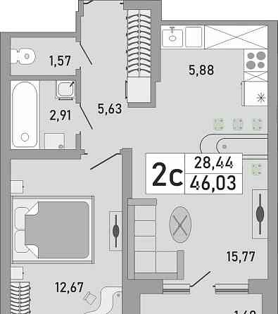 2-комн. квартира, 46.03 м2, 21/24 эт. Уфа