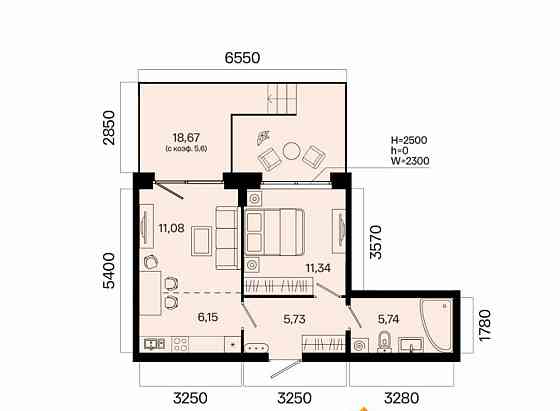 2-комн. квартира, 45.64 м2, 1/7 эт. Уфа