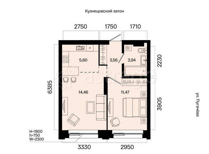 2-комн. квартира, 39.03 м2, 3/31 эт. Уфа - изображение 1