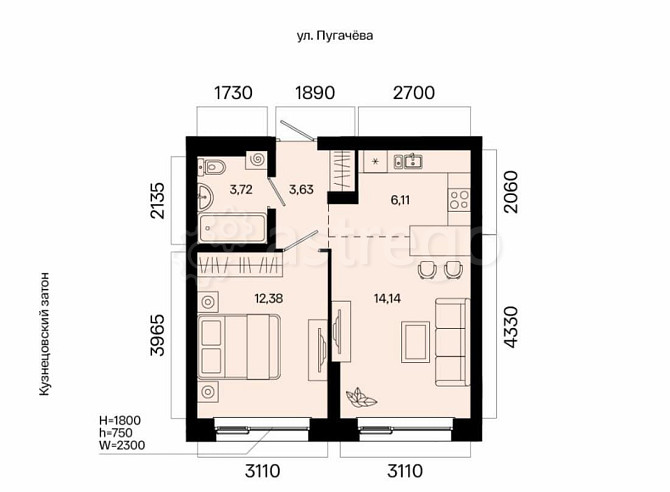 2-комн. квартира, 39.98 м2, 3/31 эт. Уфа - изображение 1