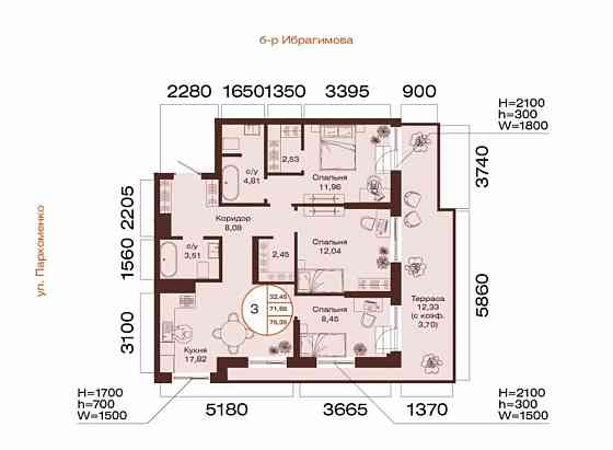 3-комн. квартира, 75.35 м2, 10/32 эт. Уфа
