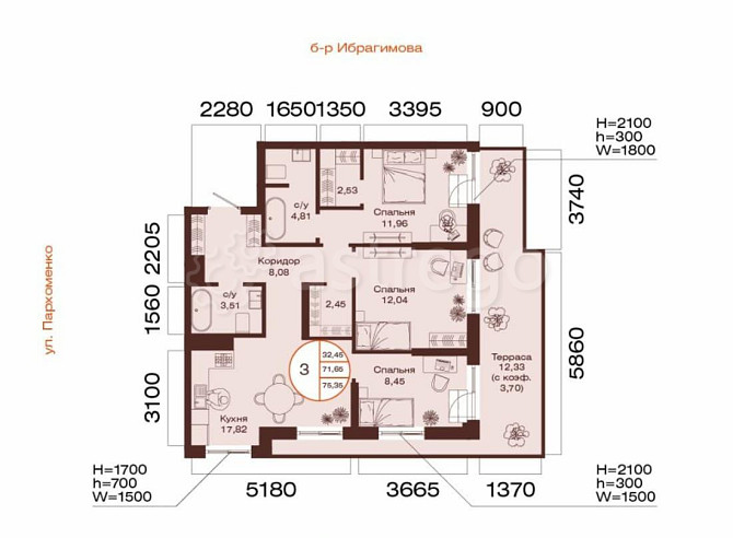 3-комн. квартира, 75.35 м2, 10/32 эт. Уфа - изображение 1