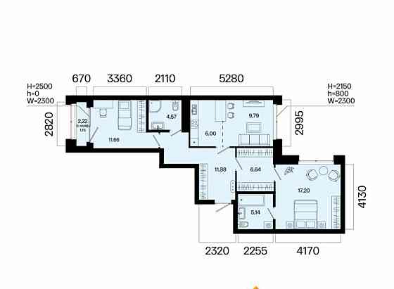 3-комн. квартира, 73.99 м2, 2/9 эт. Уфа