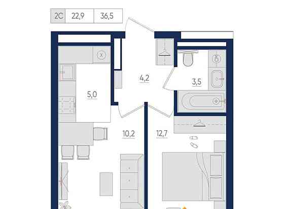 2-комн. квартира, 36.5 м2, 9/22 эт. Уфа