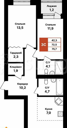 3-комн. квартира, 75.7 м2, 7/8 эт. Уфа - изображение 1