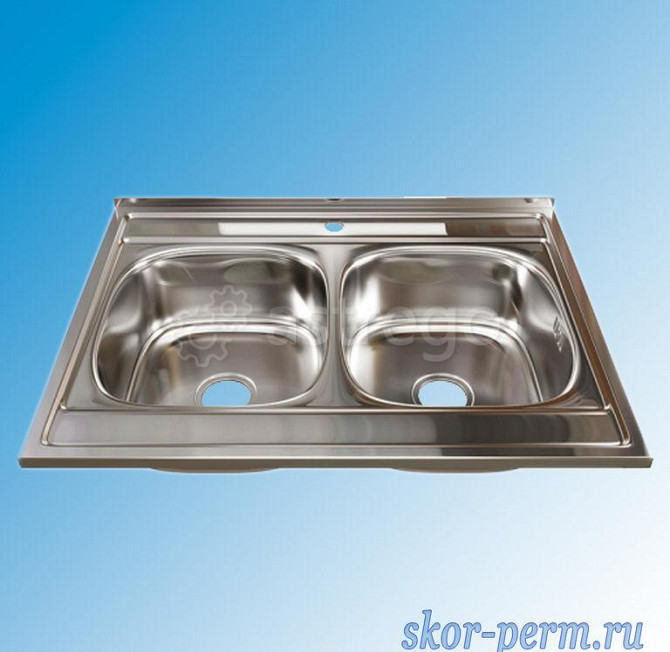 Мойка из нержавейки накладная 2-х чашевая 600х800х180 (0,6) выпуск 3 1/2", с сифоном Пермь - изображение 1